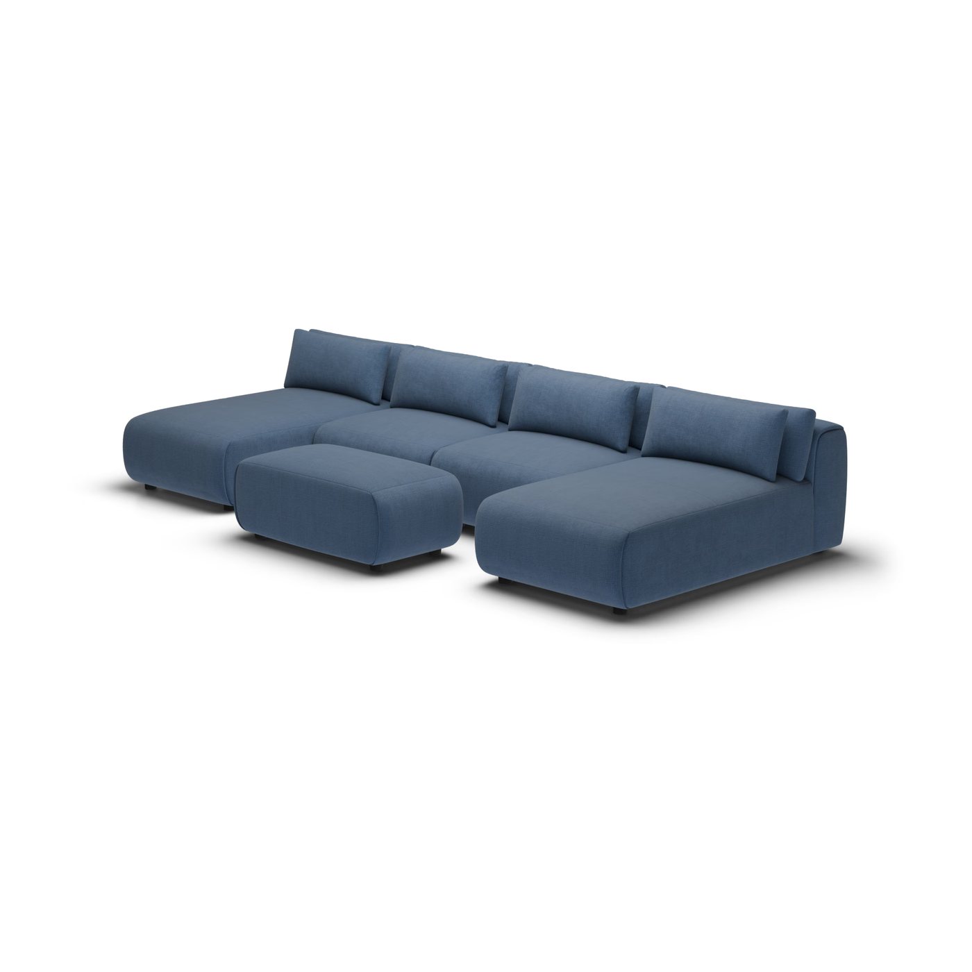 CGI pack shot, chaise sofa, 2 seats and 2 chaises and 1 ottoman in navy, front right view