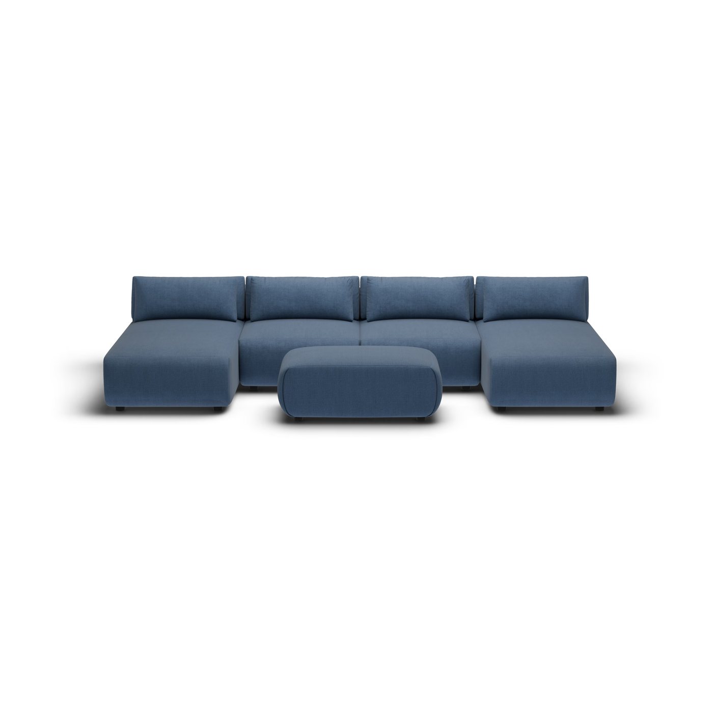 CGI pack shot, chaise sofa, 2 seats and 2 chaises and 1 ottoman in navy, front view