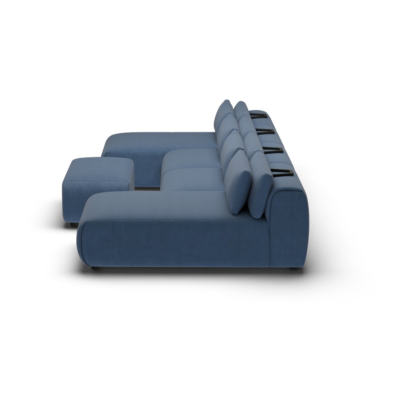 CGI pack shot, chaise sofa, 2 seats and 2 chaises and 1 ottoman in navy, side view