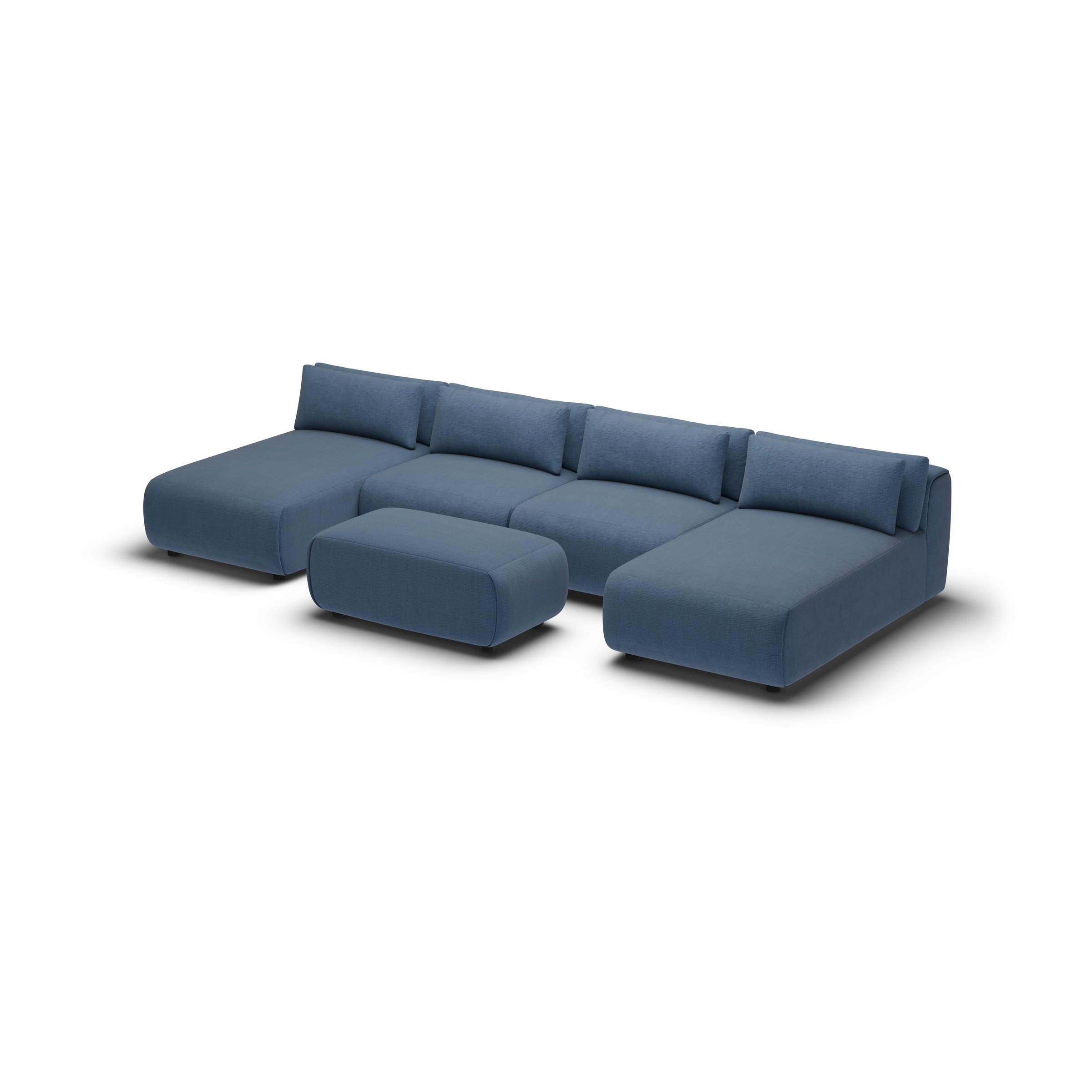 CGI pack shot, chaise sofa, 2 seats and 2 chaises and 1 ottoman in navy, three-quarter view
