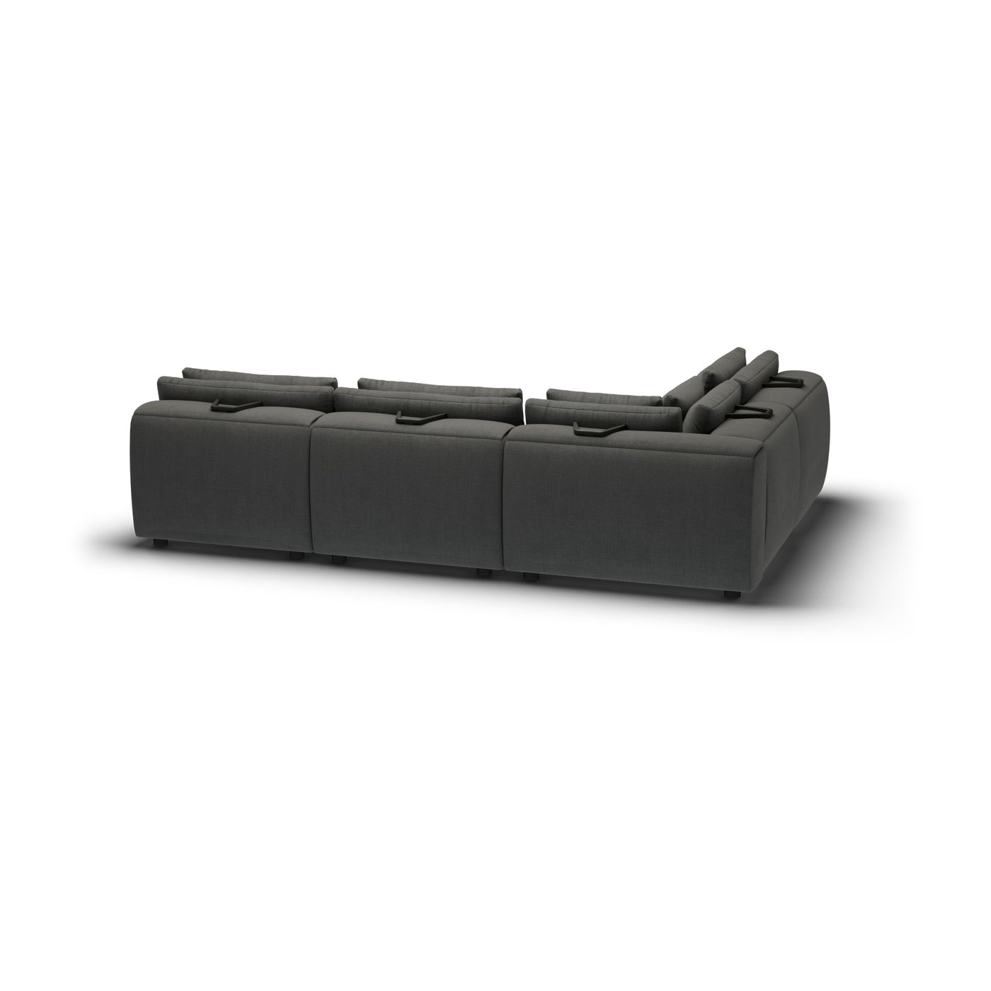 CGI pack shot, l shape corner sofa, 3 seats in charcoal, back view