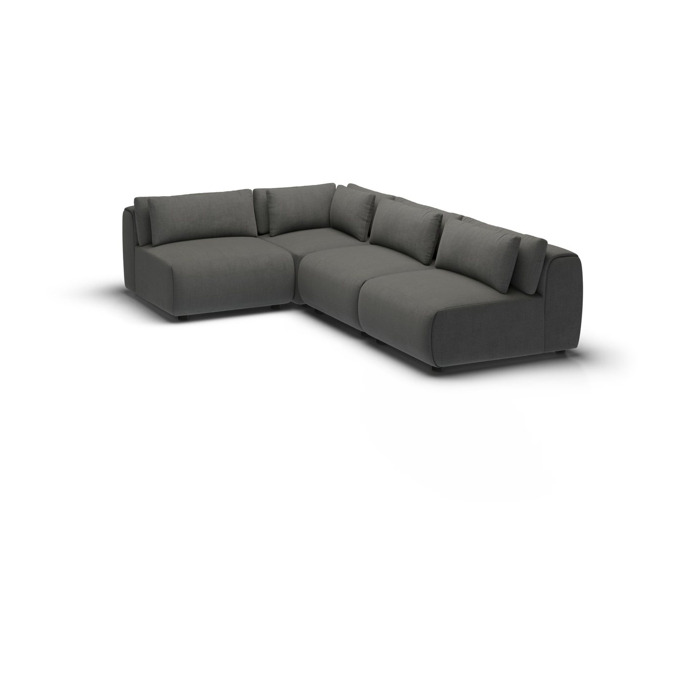 CGI pack shot, l shape corner sofa, 3 seats in charcoal, front right view
