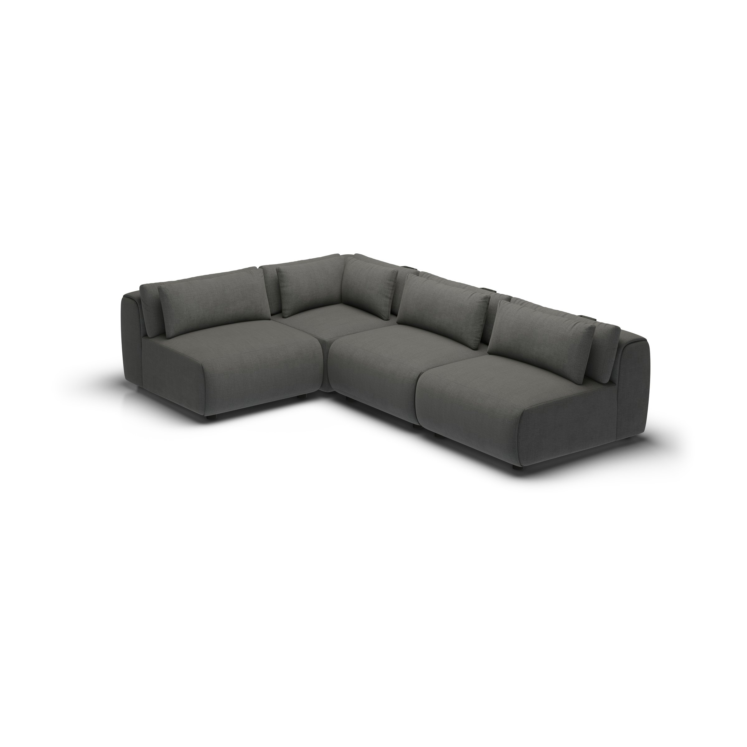 CGI pack shot, l shape corner sofa, 3 seats in charcoal, three-quarter view
