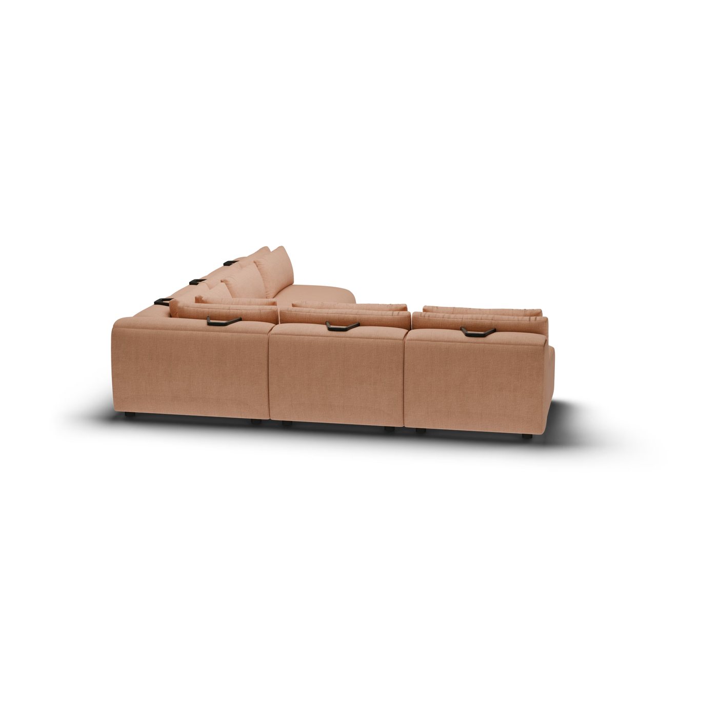 CGI pack shot, l shape corner sofa, 4 seats in clay, back left view