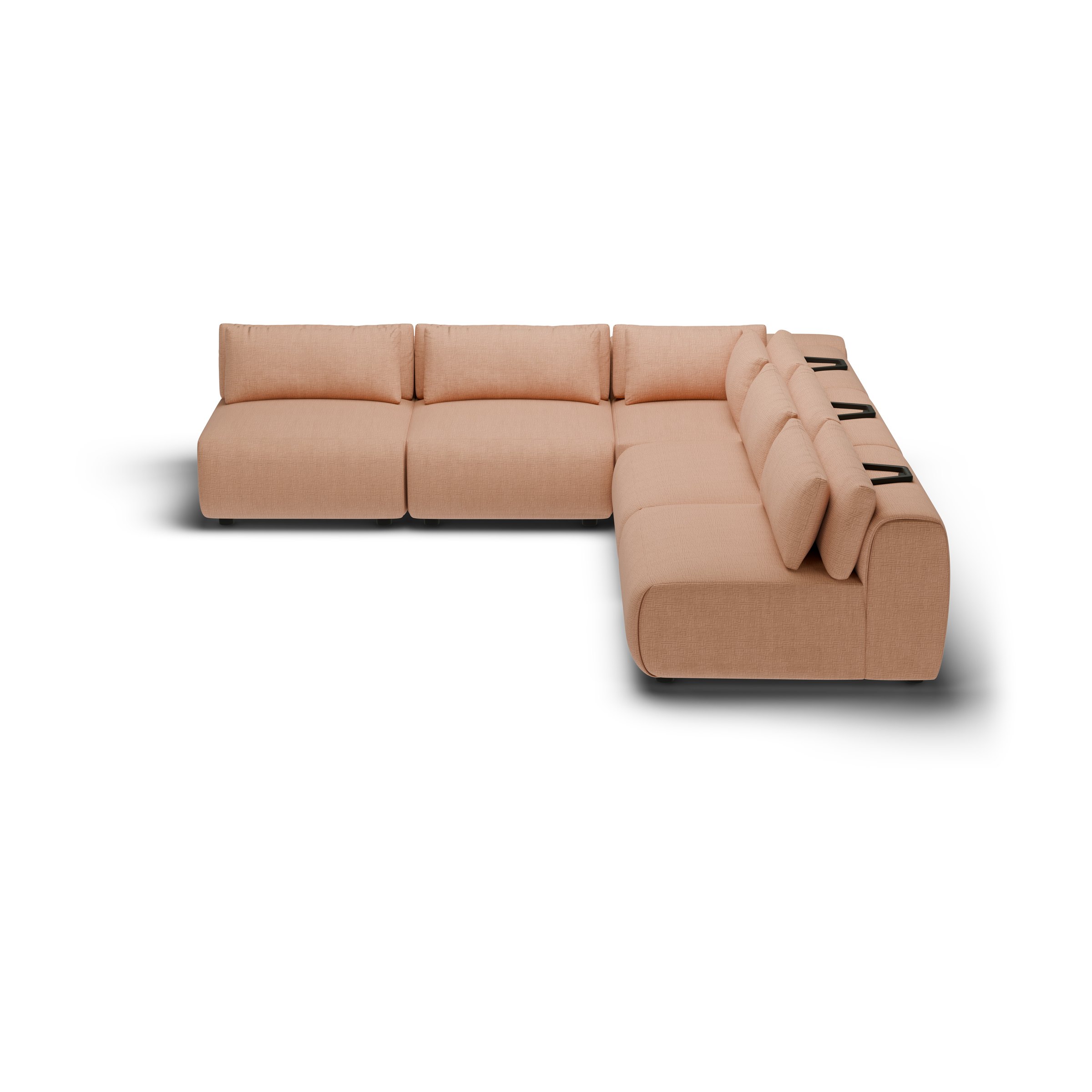 CGI pack shot, l shape corner sofa, 4 seats in clay, three-quarter view