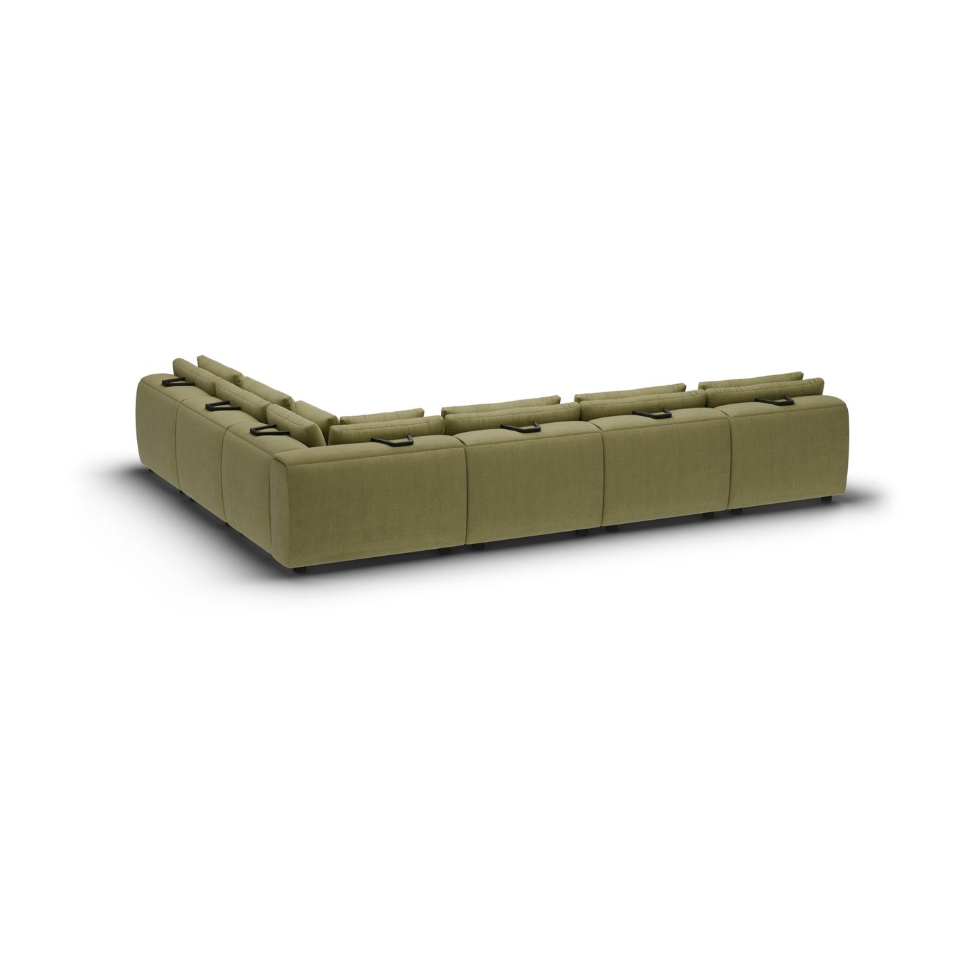 CGI pack shot, l shape corner sofa, 5 seats in olive, back view