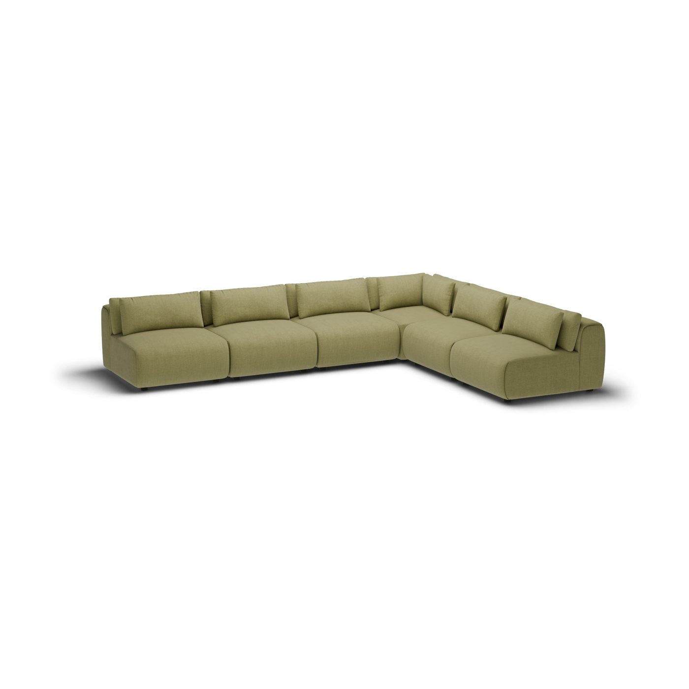 CGI pack shot, l shape corner sofa, 5 seats in olive, front view