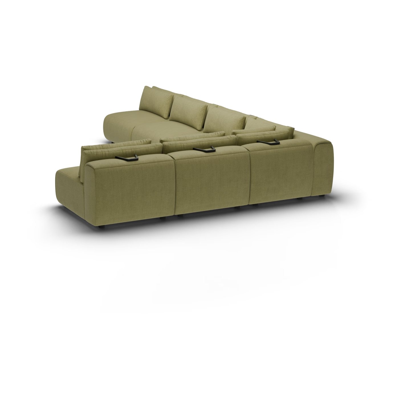 CGI pack shot, l shape corner sofa, 5 seats in olive, side view