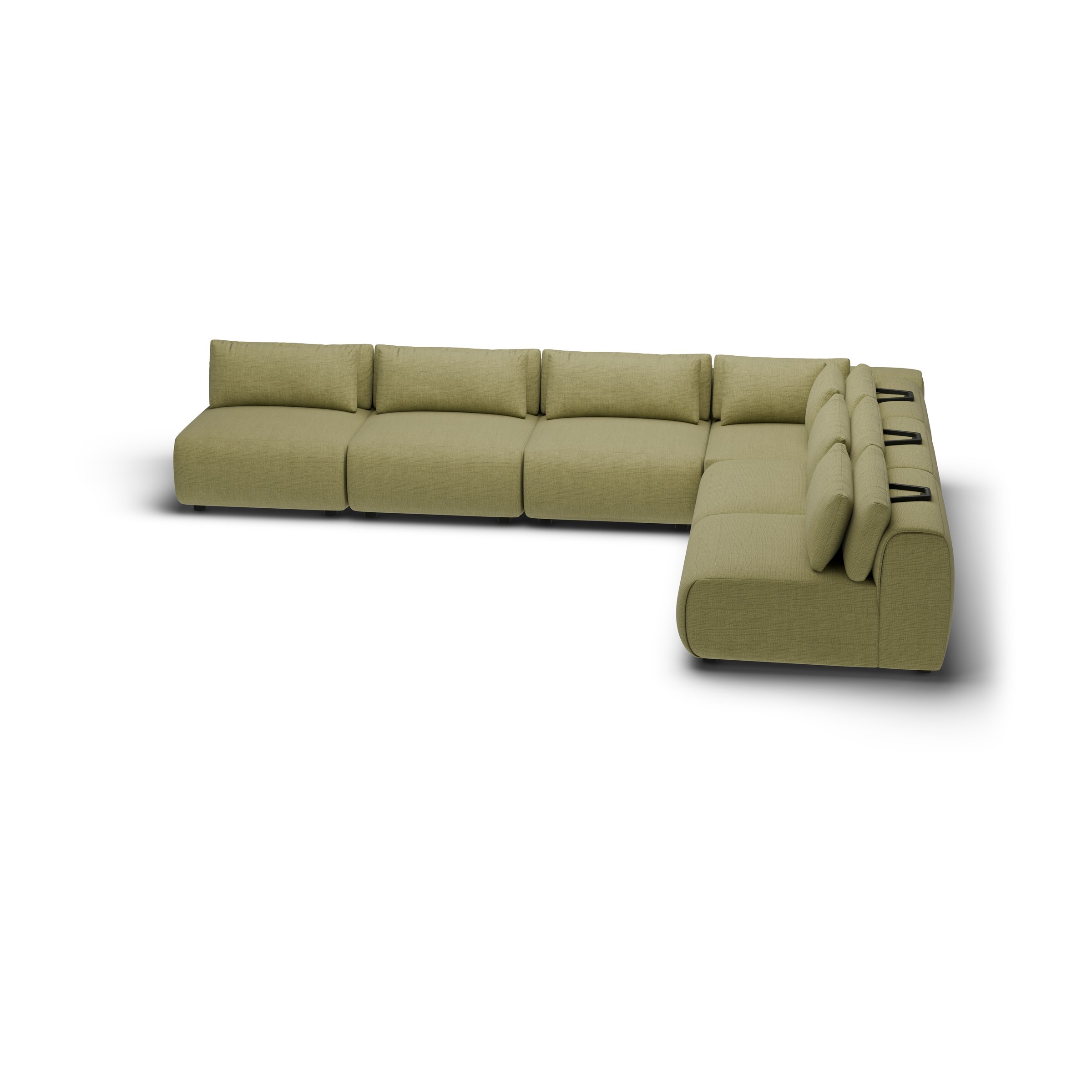 CGI pack shot, l shape corner sofa, 5 seats in olive, three-quarter view