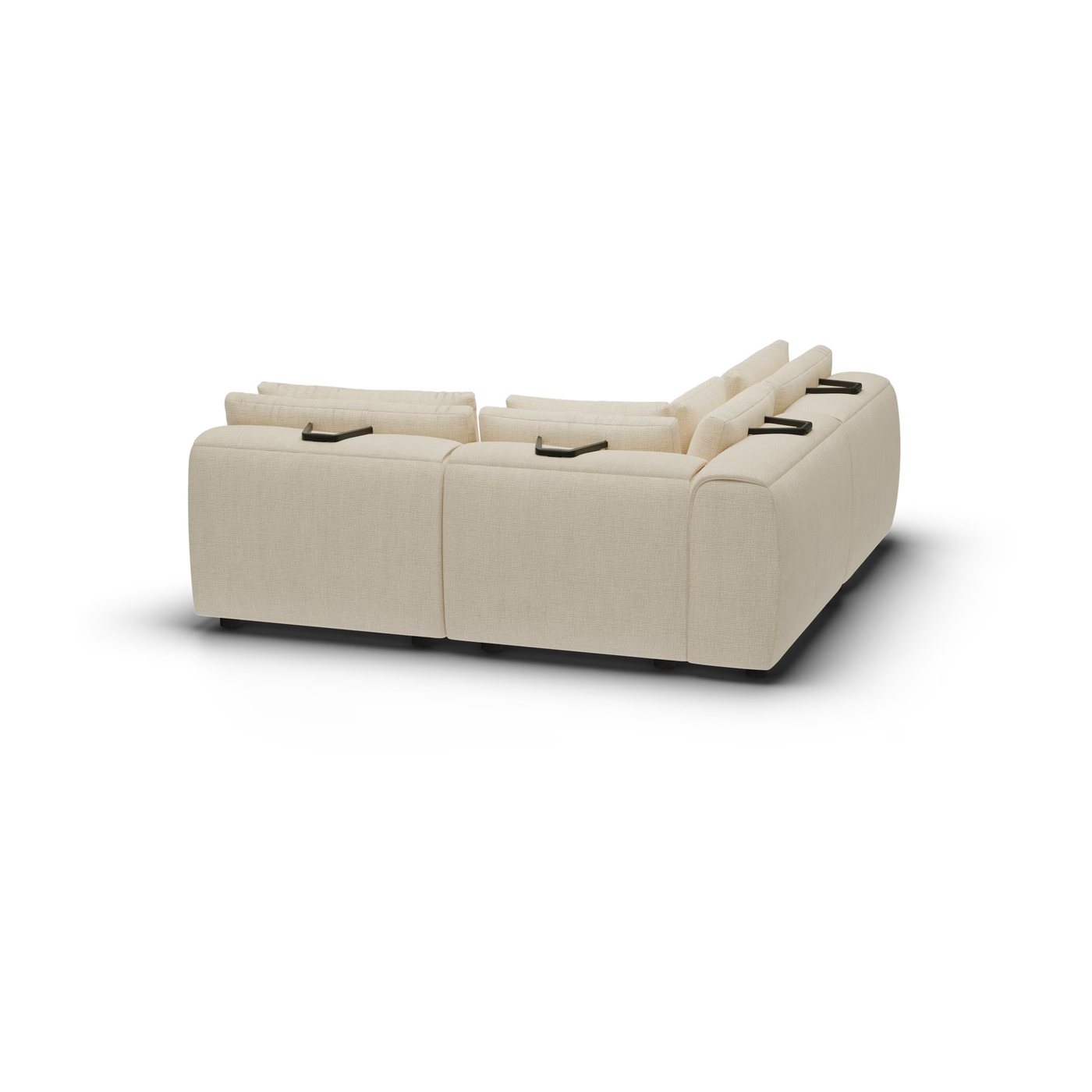 CGI pack shot, l shape corner sofa, 2 seats in sand, back right view