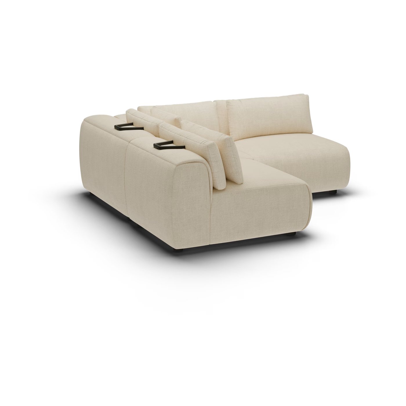 CGI pack shot, l shape corner sofa, 2 seats in sand, opposite side view