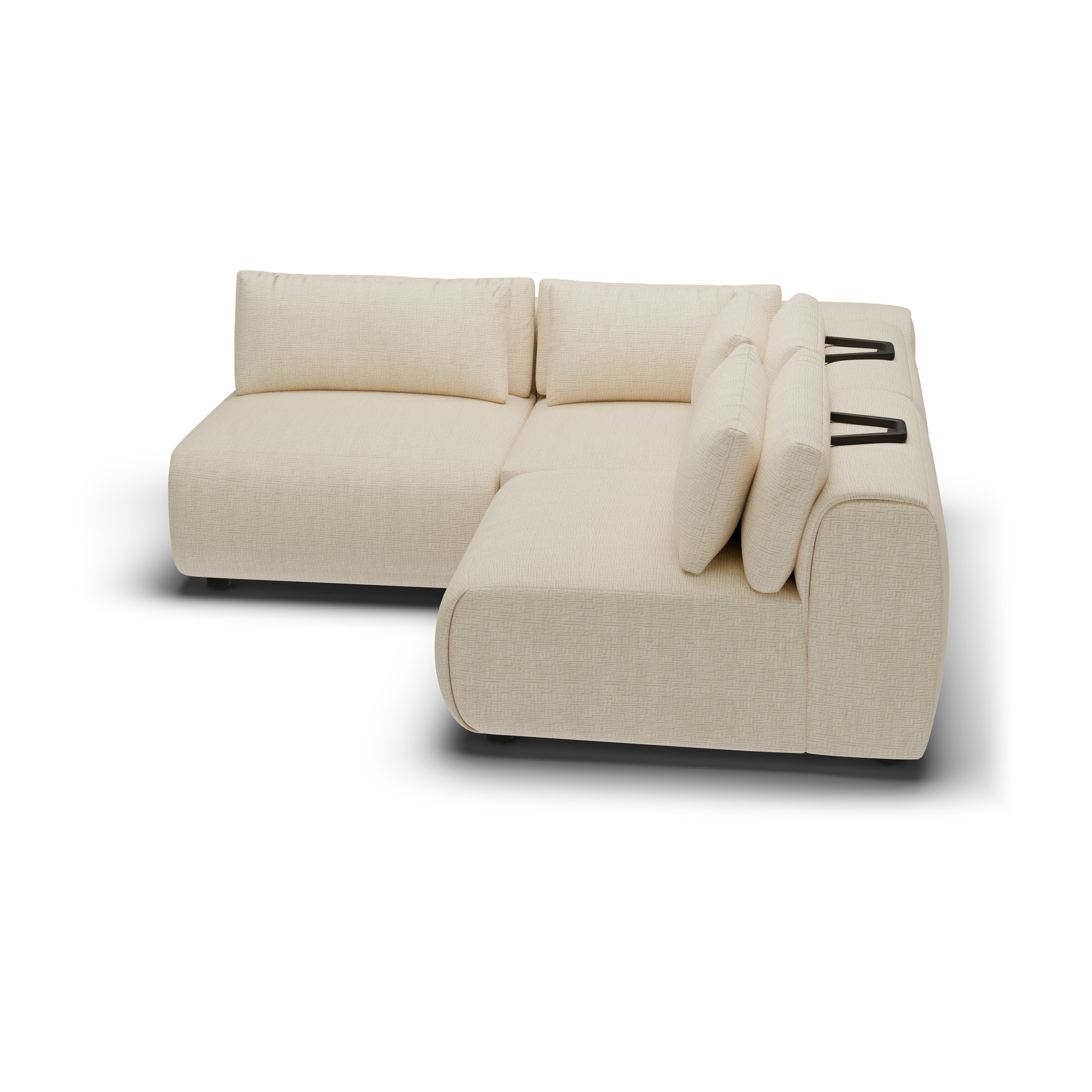 CGI pack shot, l shape corner sofa, 2 seats in sand, three-quarter view