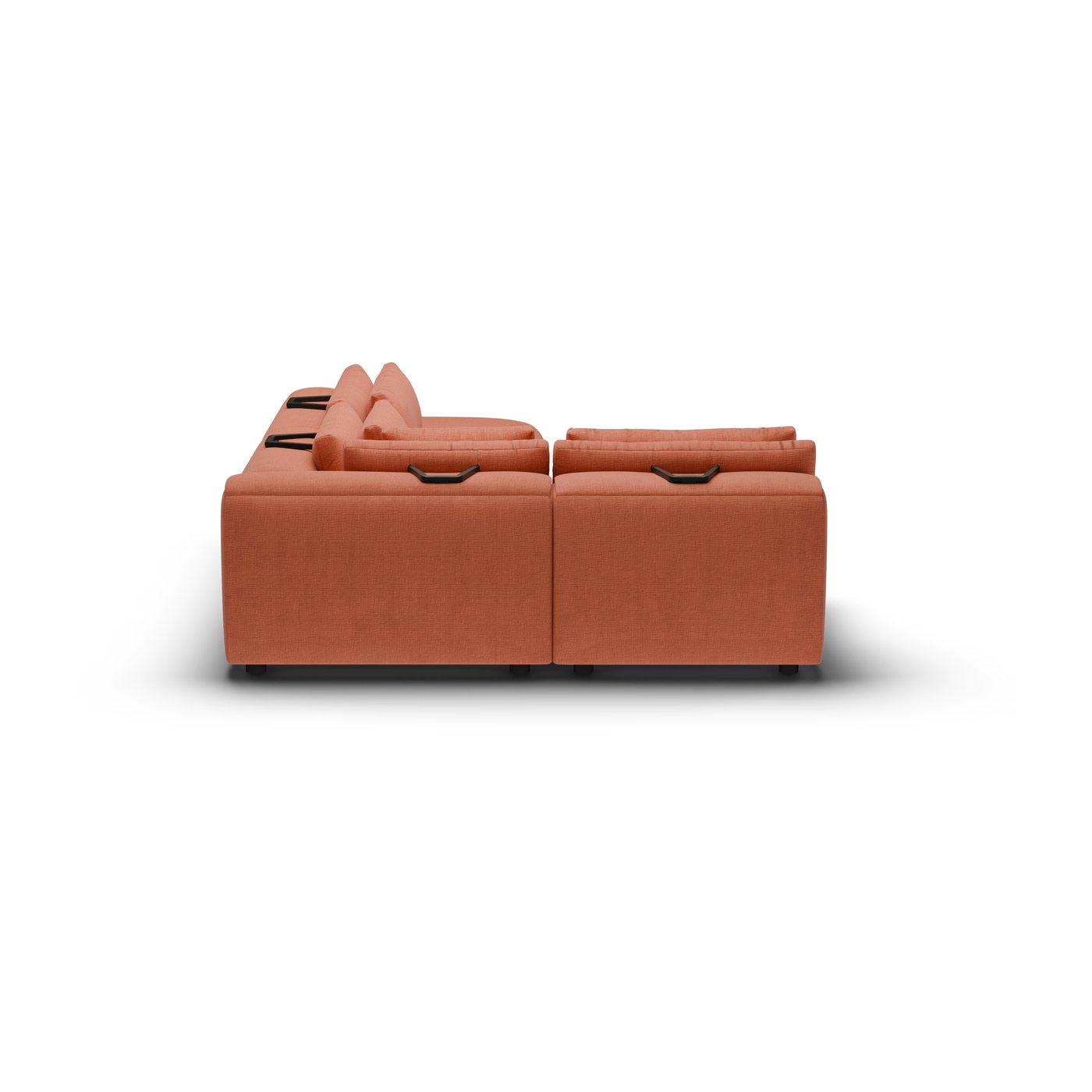 CGI pack shot, l shape corner sofa, 2 seats and 1 ottoman in terracotta, back left view