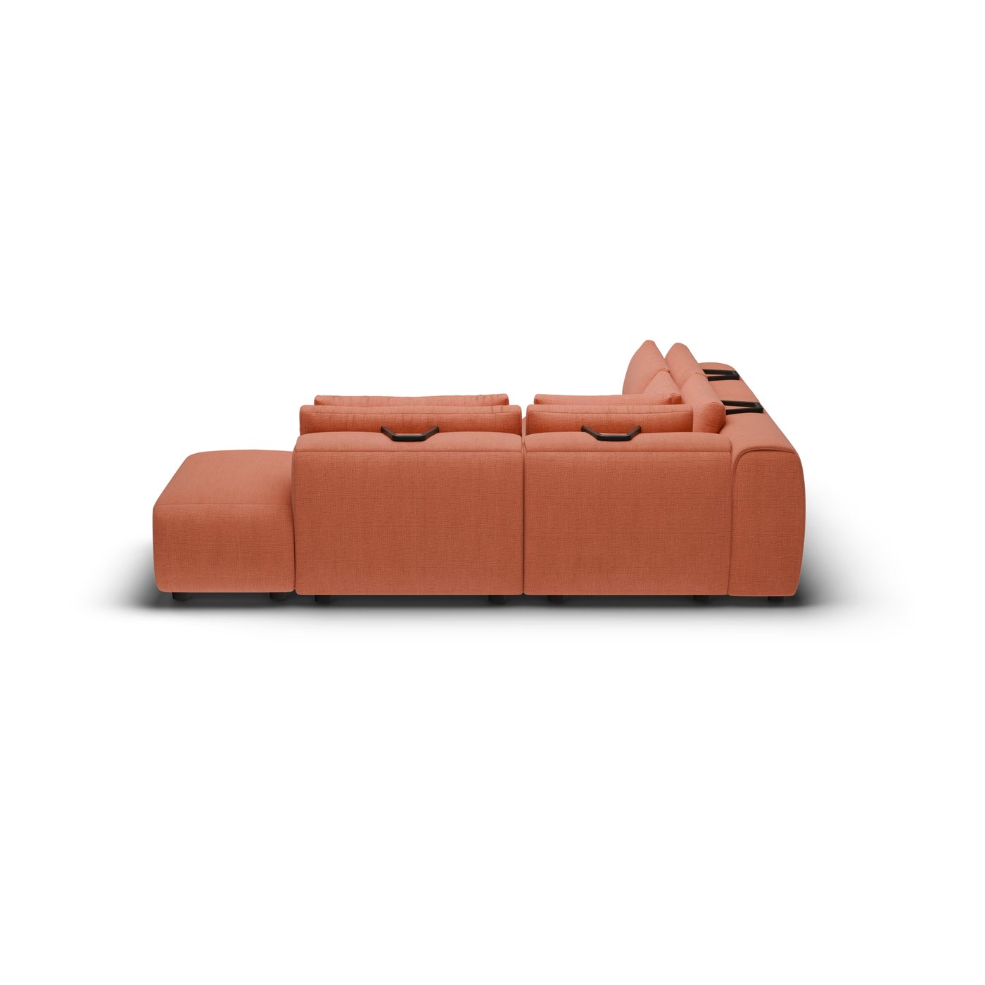 CGI pack shot, l shape corner sofa, 2 seats and 1 ottoman in terracotta, back right view
