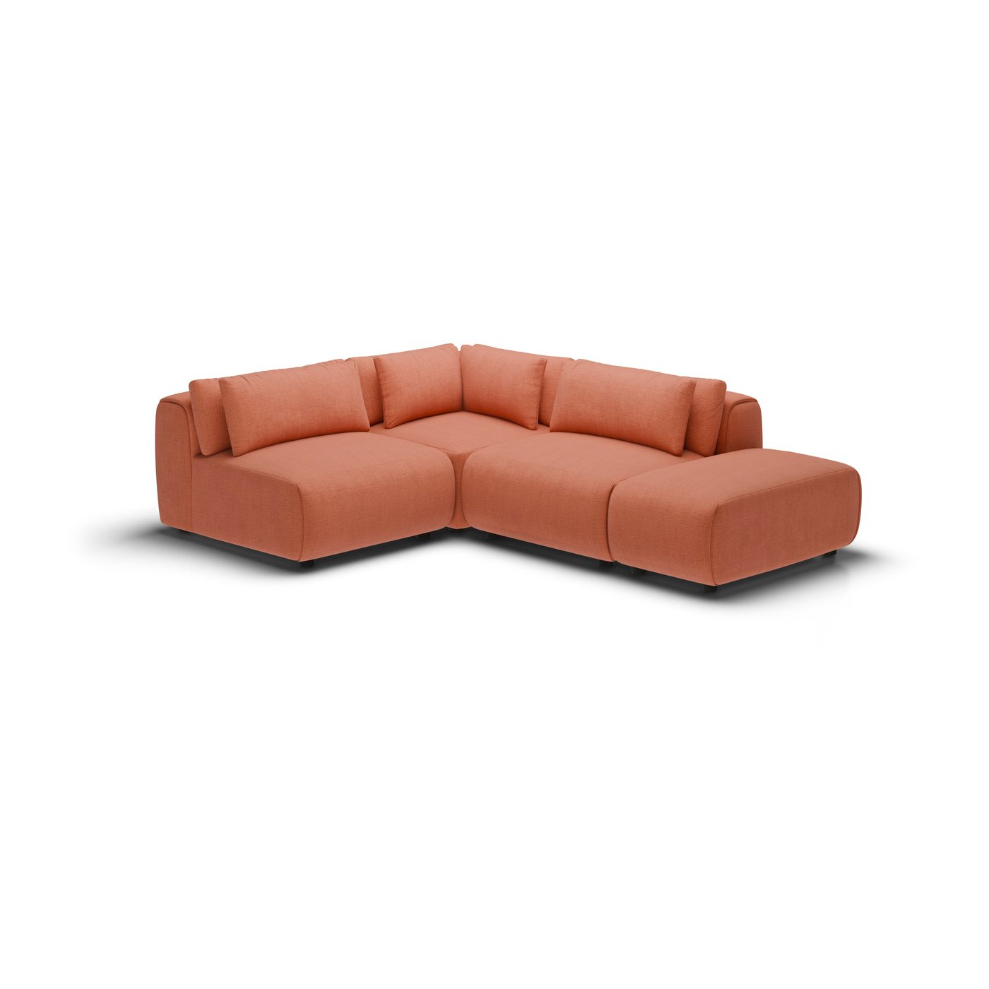 CGI pack shot, l shape corner sofa, 2 seats and 1 ottoman in terracotta, front view