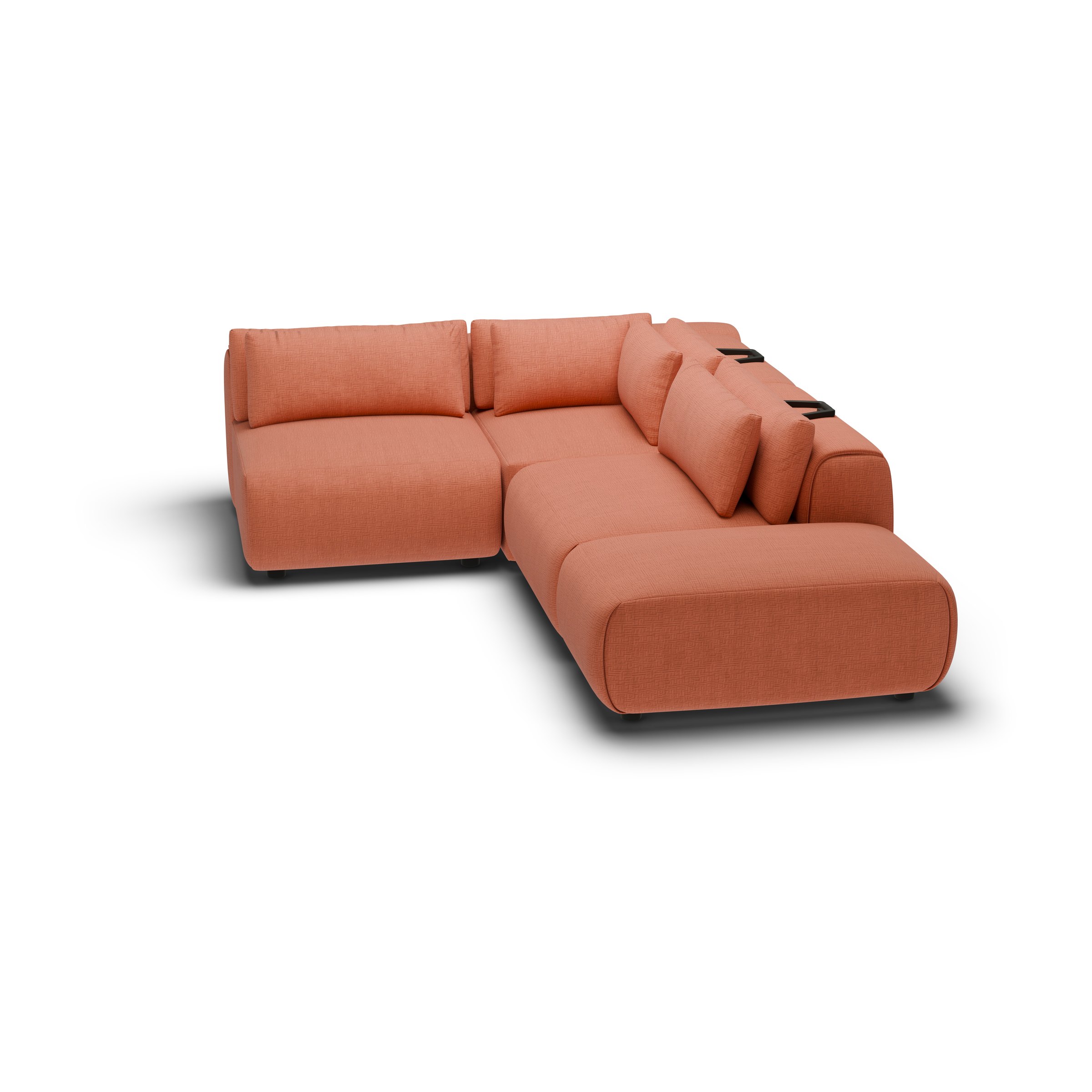 CGI pack shot, l shape corner sofa, 2 seats and 1 ottoman in terracotta, three-quarter view