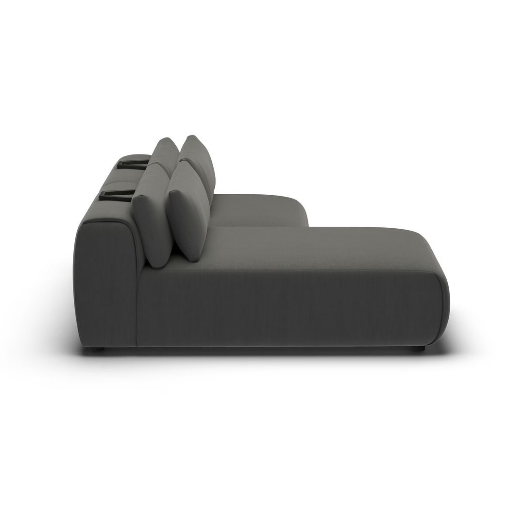 CGI pack shot, chaise two seater rhd in charcoal velvet, back left view