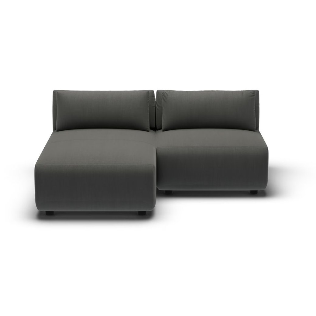 CGI pack shot, chaise two seater rhd in charcoal velvet, front view