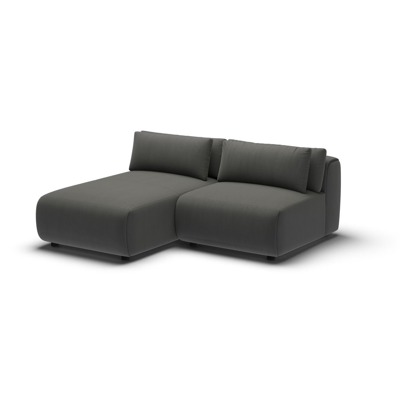 CGI pack shot, chaise two seater rhd in charcoal velvet, three quarter view