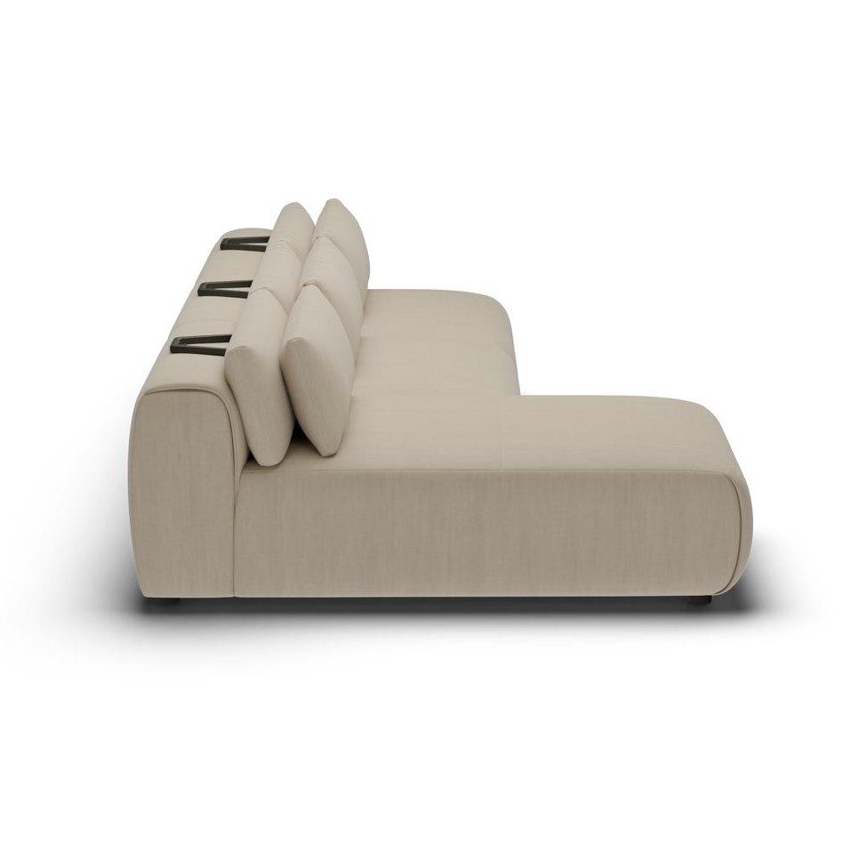 CGI pack shot, chaise three seater rhd in taupe velvet, back left view