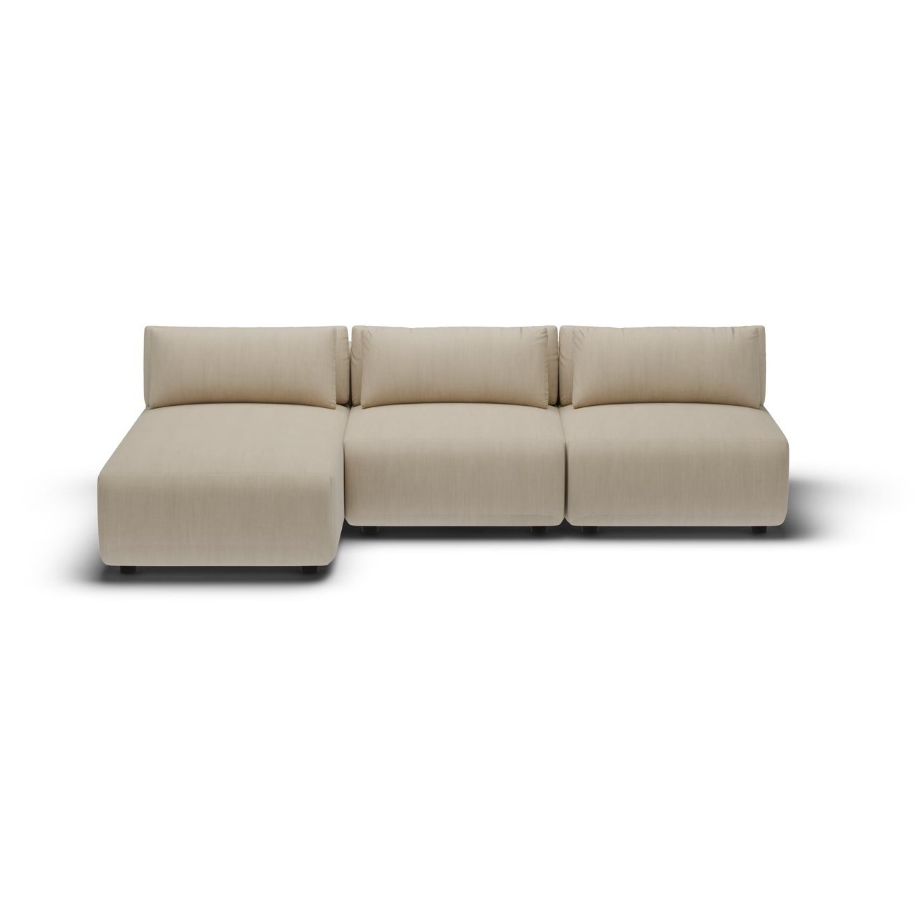 CGI pack shot, chaise three seater rhd in taupe velvet, front view