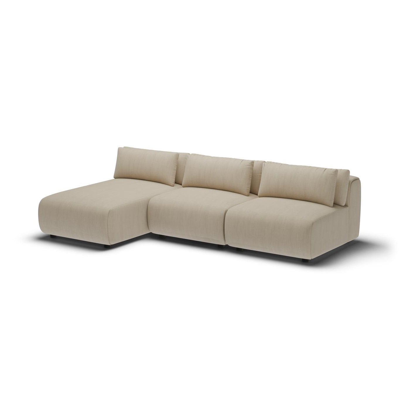 CGI pack shot, chaise three seater rhd in taupe velvet, three quarter view