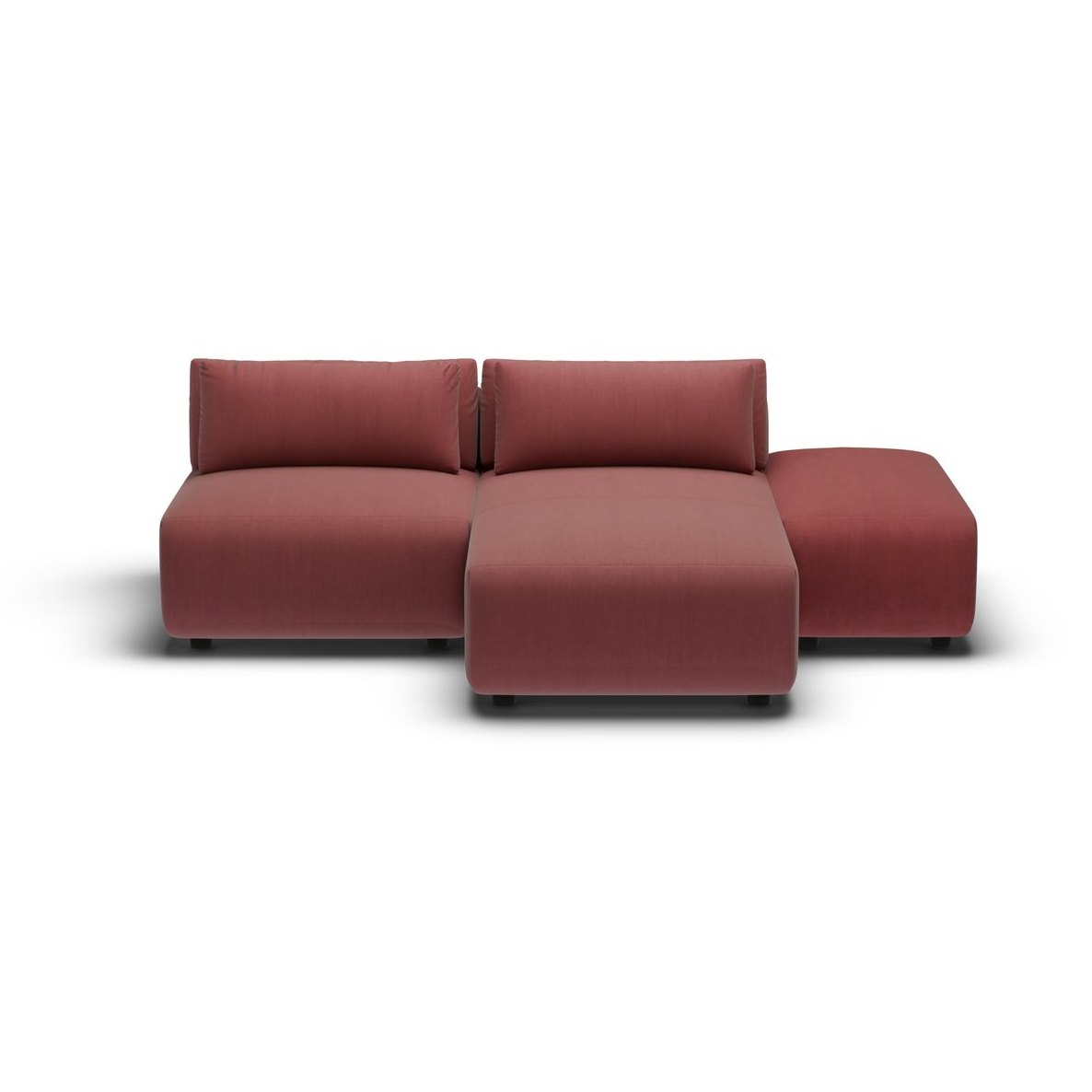 CGI pack shot, chaise two seater + ottoman lhd in burgundy velvet, front view