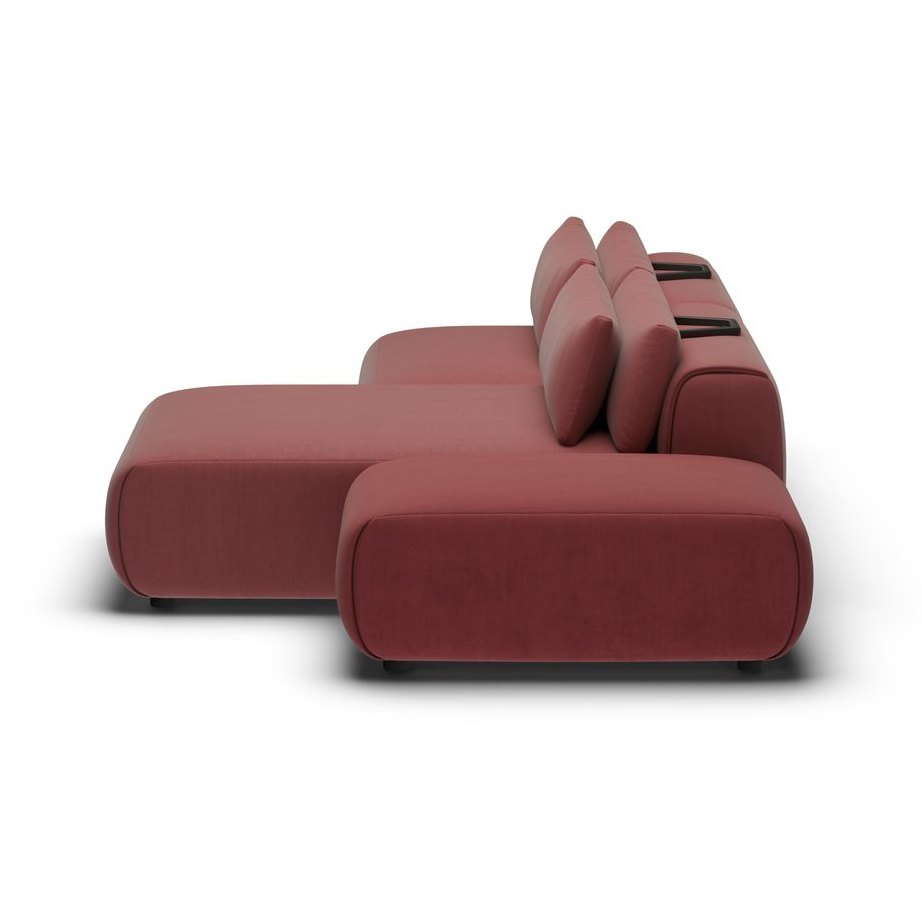 CGI pack shot, chaise two seater + ottoman lhd in burgundy velvet, right view