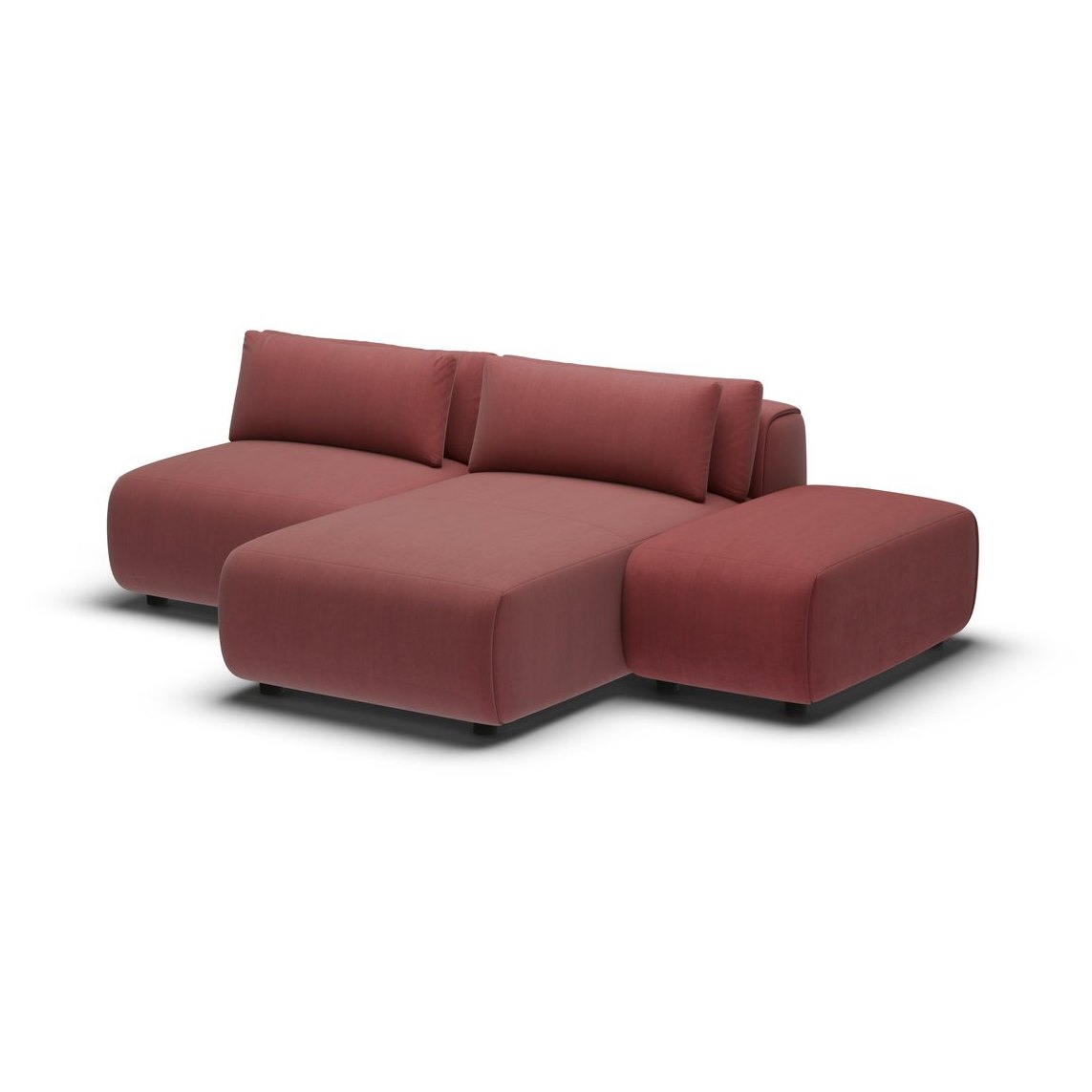 CGI pack shot, chaise two seater + ottoman lhd in burgundy velvet, three quarter view