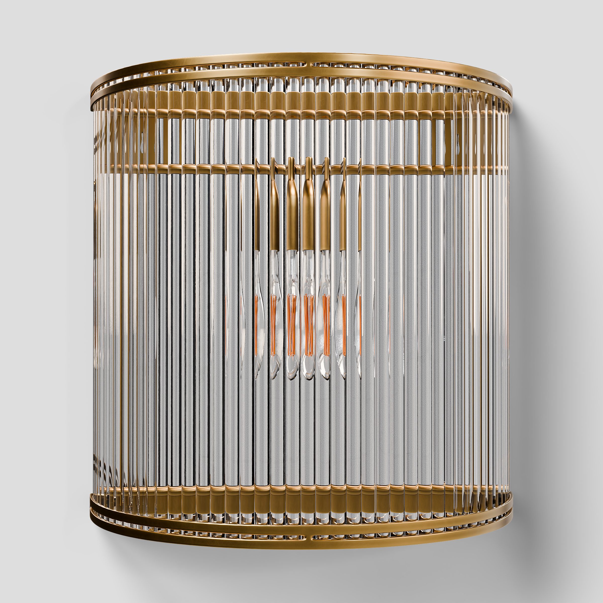 CGI pack shot, Verre half round wall light in brass and ribbed glass, front view