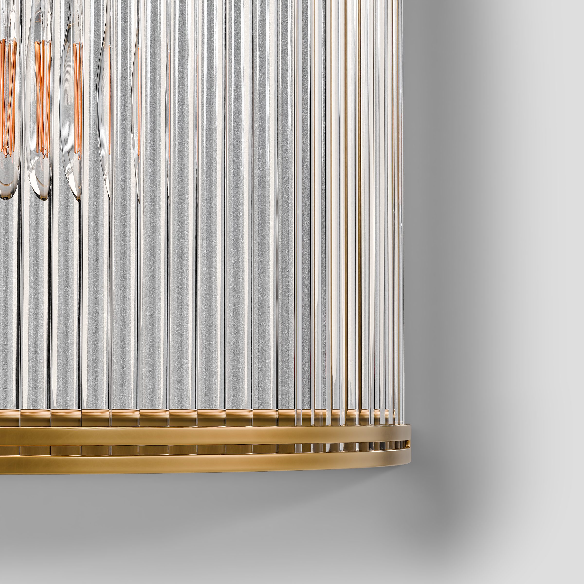 CGI pack shot, Verre half round wall light, close detail of the ribbed glass and brass rim