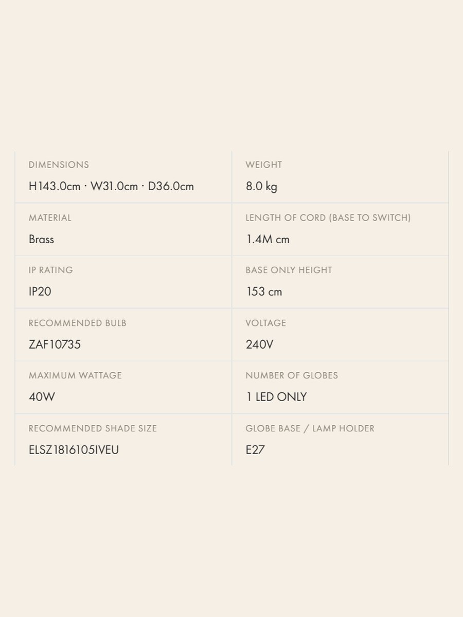 The brand's spec table: dimensions, material, wattage