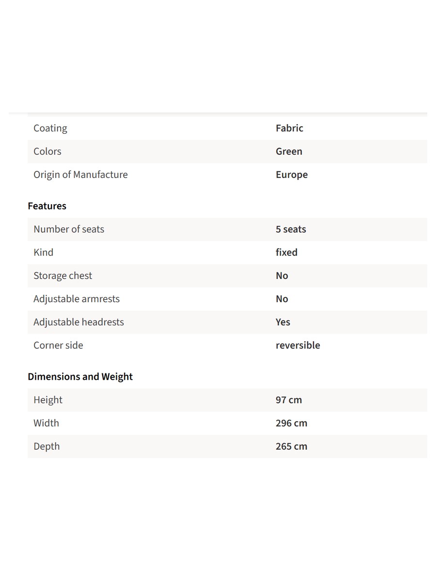 The brand's own spec sheet: seats, dimensions and features